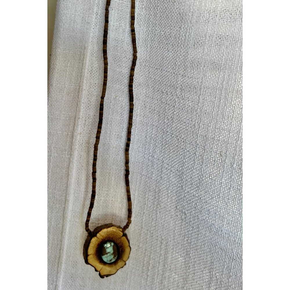 Nevada Turquoise & Wood Pendant Necklace With Heishi Beads Vintage